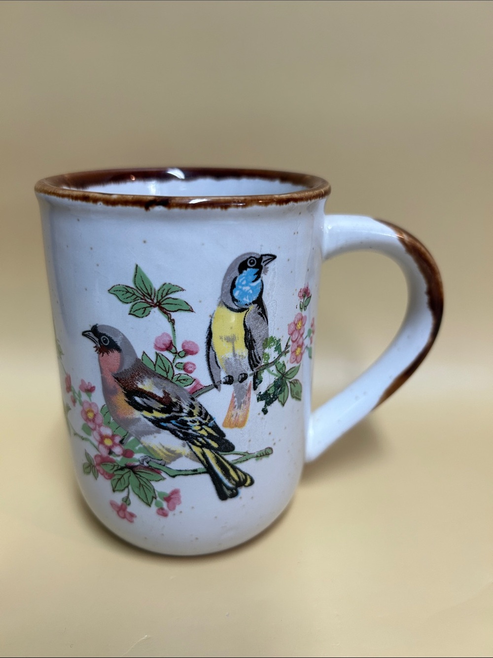 Vintage ceramic coffee cup with colorful illustrations depicting two birds